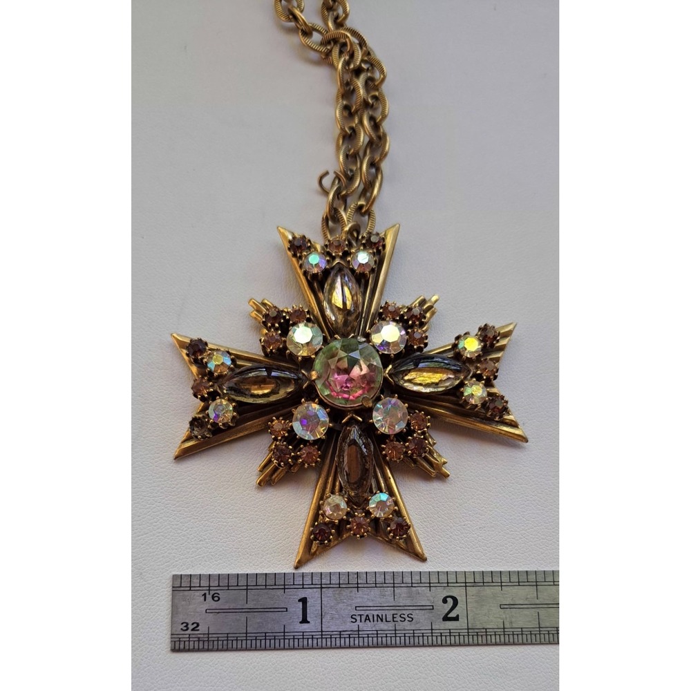 Florenza Maltese Cross Necklace 18"  Watermelon Rhinestone - Picture 9 of 10